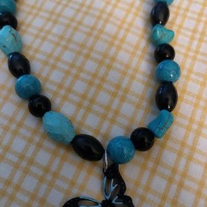 Aqua Blue & Black Bead Necklace with Charm